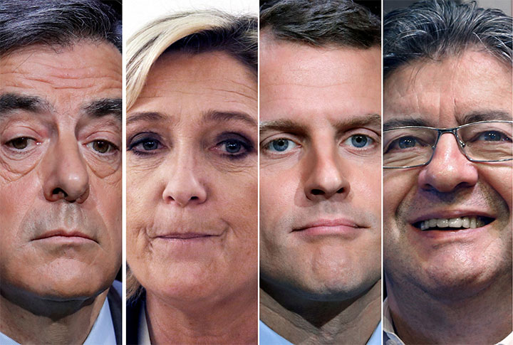 フランス大統領選を争うフィヨン氏、ルペン氏、マクロン氏、メランション氏