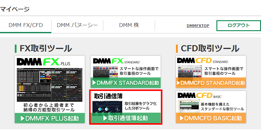 DMMFXへログイン後「取引通信簿」をクリック